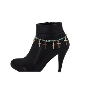 Women Gold Metal Western Fashion Boot Chain Bracelet Shoe Cross Charms Turquoise